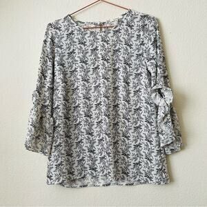 Pleione black white floral vine print ruffle bell 3/4 sleeve blouse top